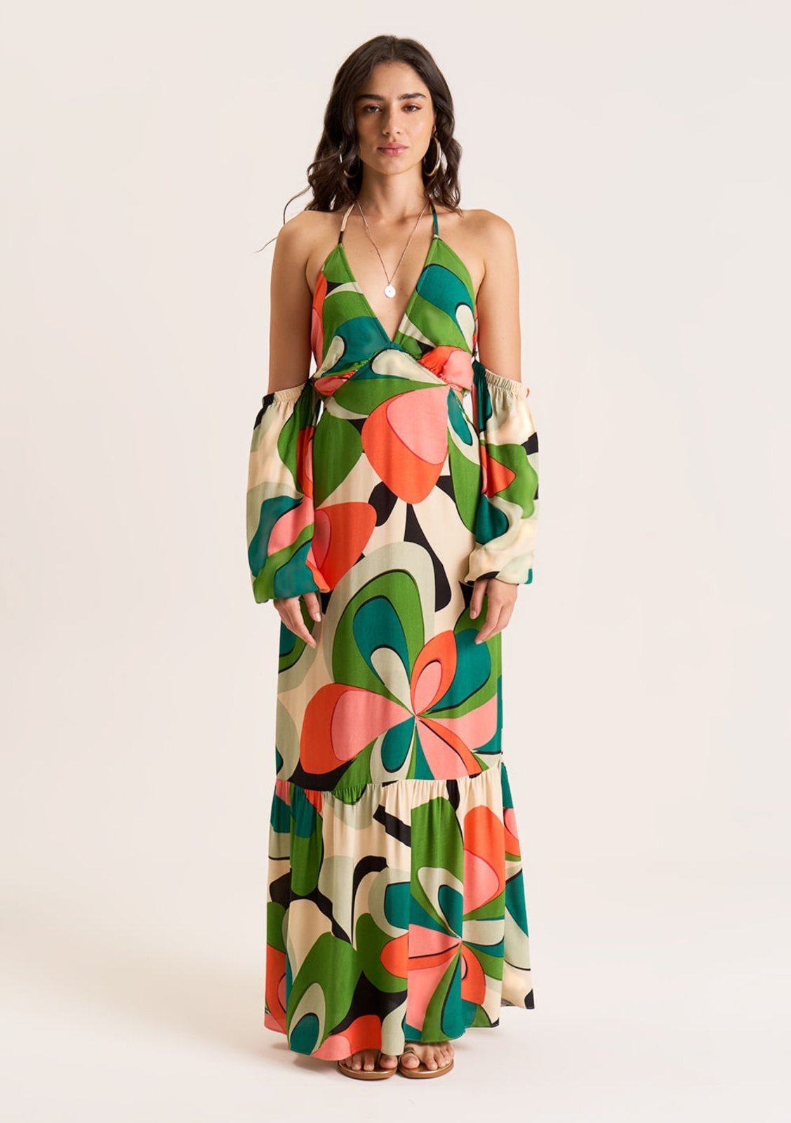 Vista 3 Vestido Zinco Longo Decote V Com Amarração verde Zinco verde