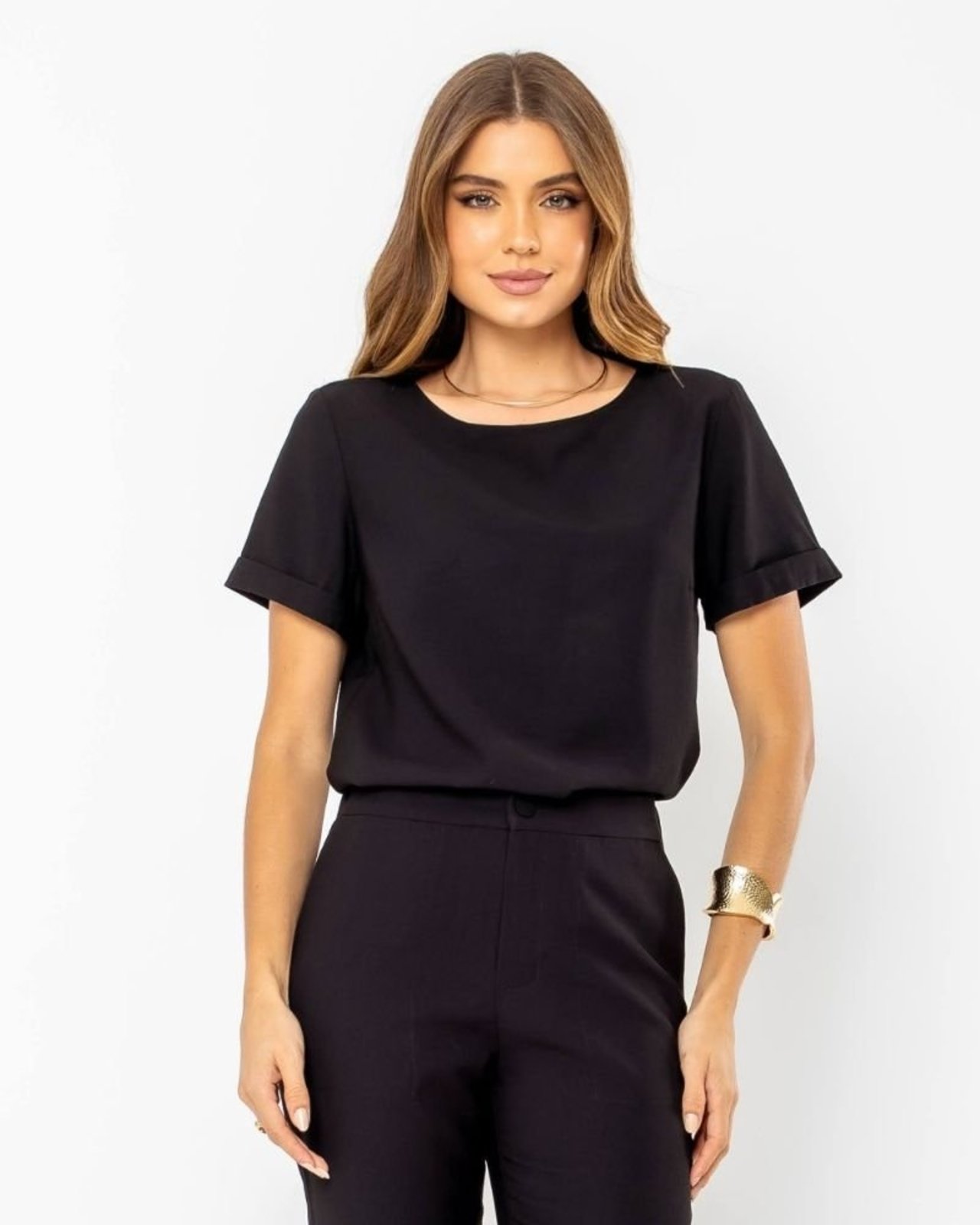 BLUSA MANGA CURTA VISCOSE TWILL AMALFI PRETA Preto