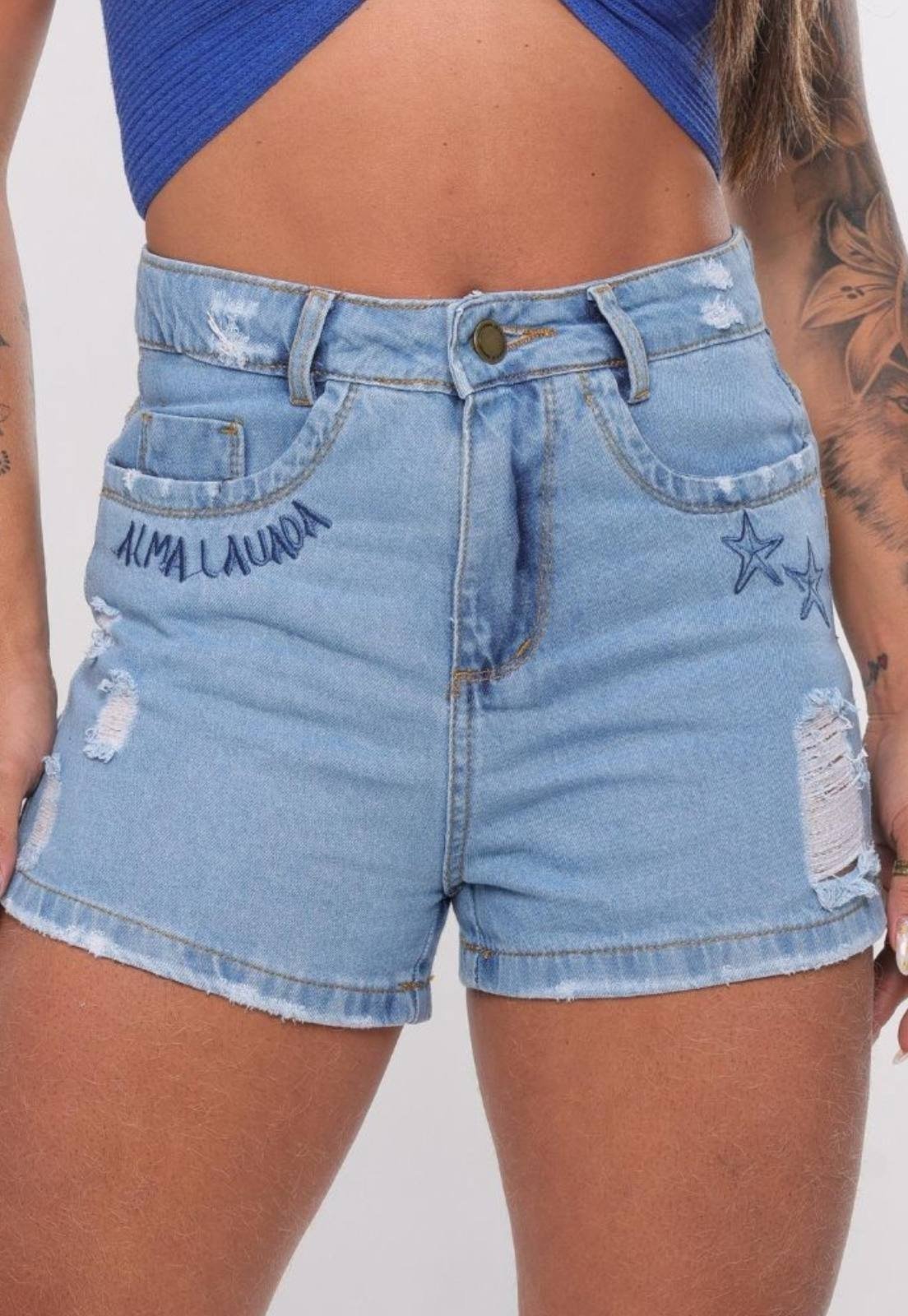 Short Feminino Yellow Jeans Cintura Alta Estilosa Estampa Estrela Lavagem Clara