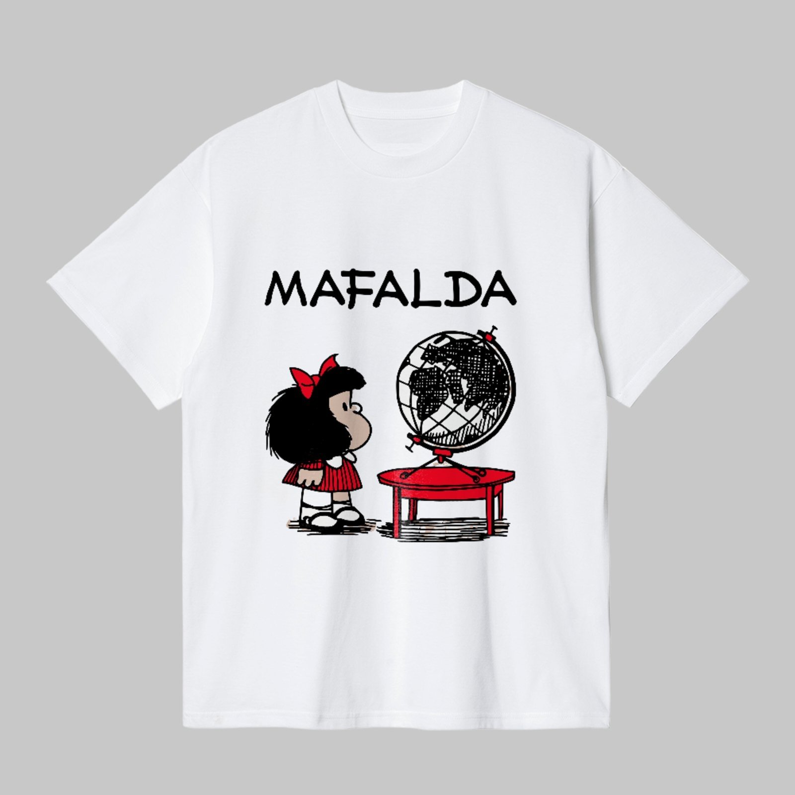 Camiseta Básica Pensamento Global Icônico Mafalda Desenho Clássico Unissex Branco