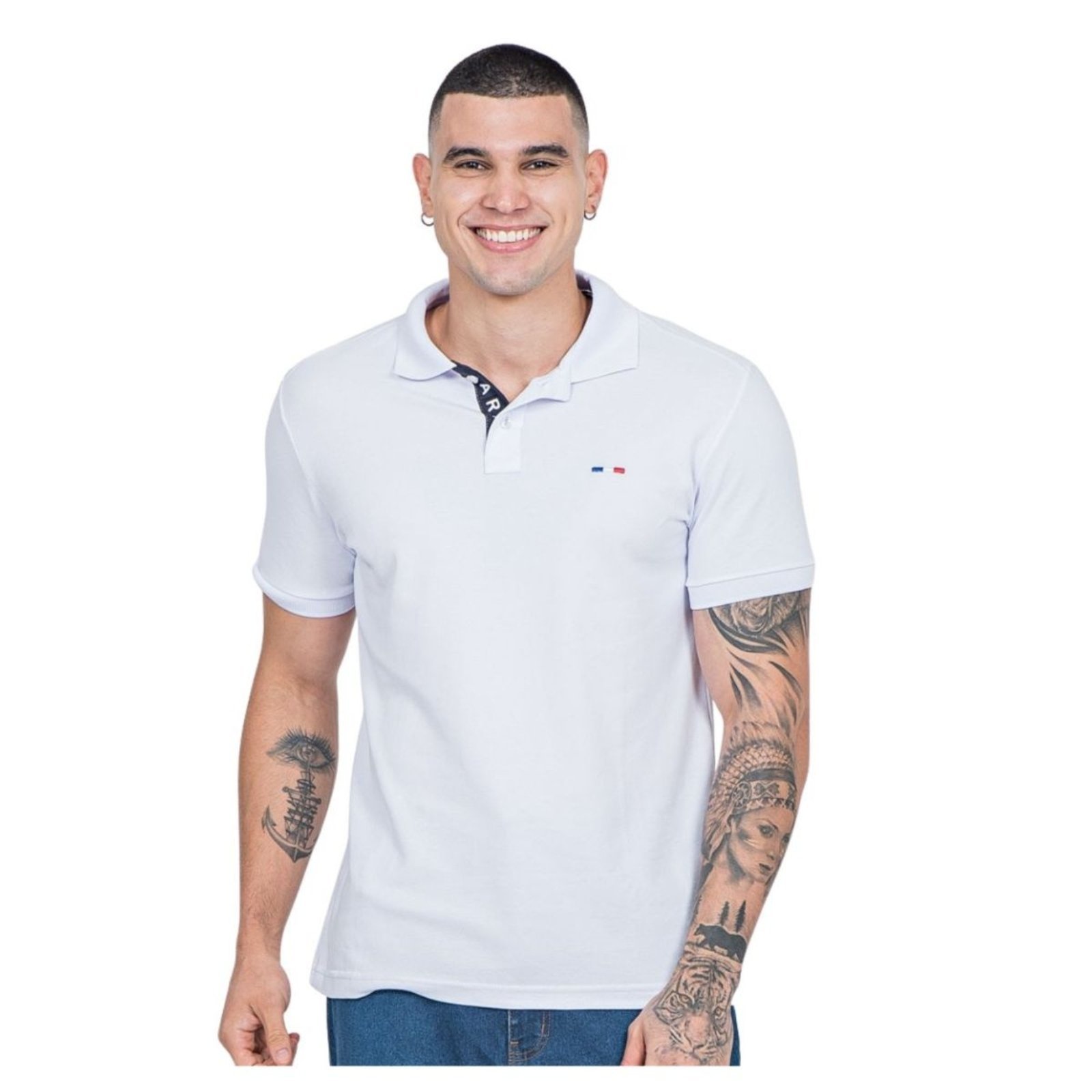Vista 2 Kit 2 Polos Masculina Básicas FMF Azul Jeans e Branco Piquet no Estilo Tommy Bordado França branco azul FMF branco azul