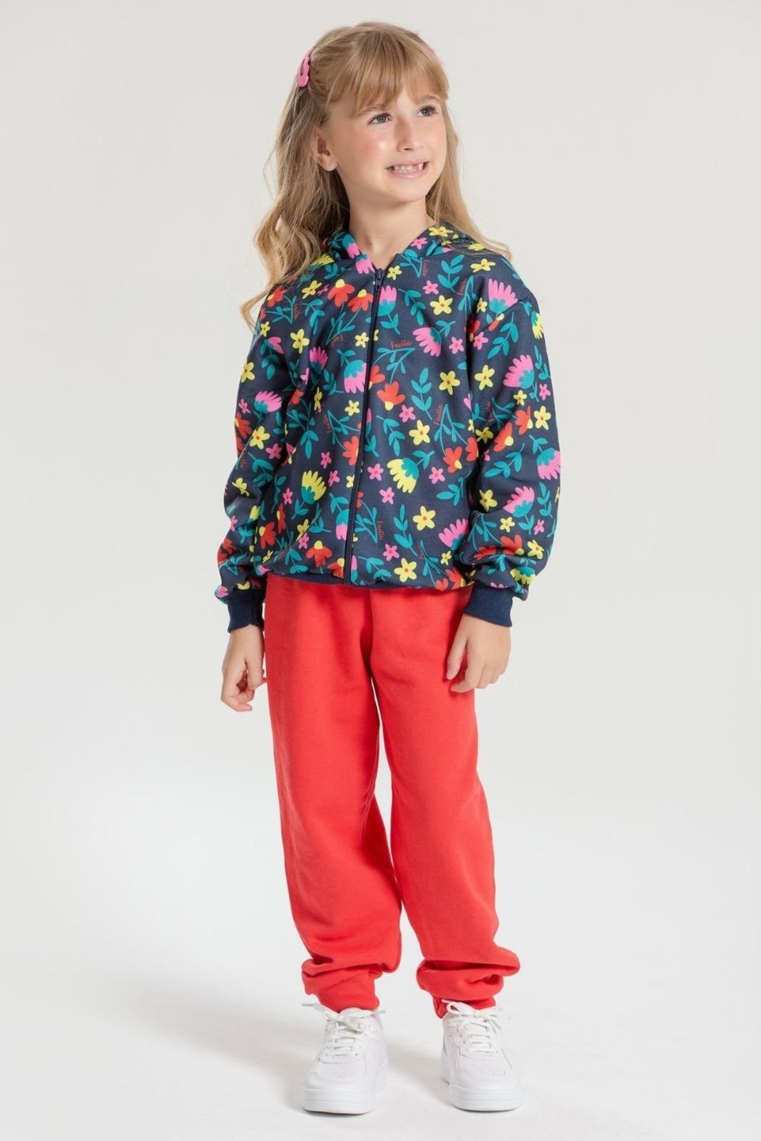 Infantil - Conjunto Moletom Peluciado Feminino Flores Marinho Mega
