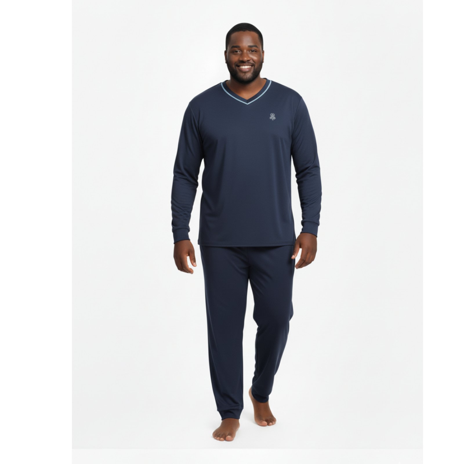 Pijama Masculino Plus Size Adulto Longo Inverno Frio Malha Fria Manga Longa G1 G2 G3 G4 48 50 52 54 Conforto Gola V Homen Mechler Azul Marinho