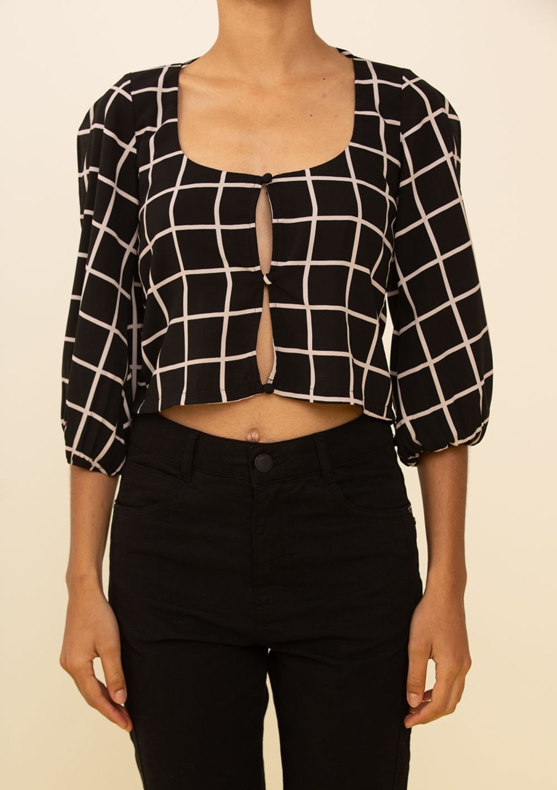 Vista 3 Blusa Zinco Ajustada Decote Reto Manga 3 Quartos Padrão preto Zinco preto