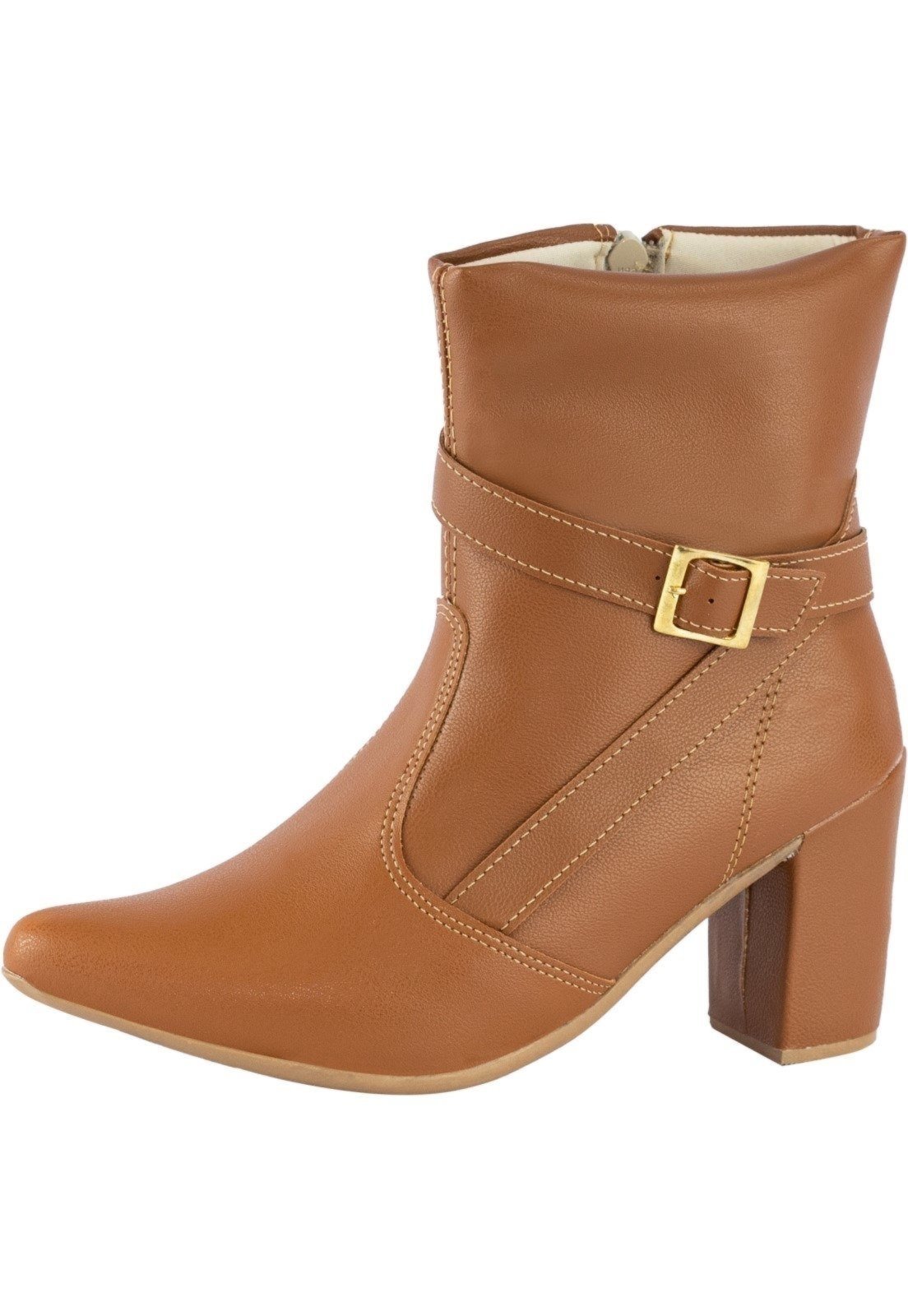Bota Coturno Feminina Lumiss Bico Fino Salto Alto Grosso Confortável Caramelo