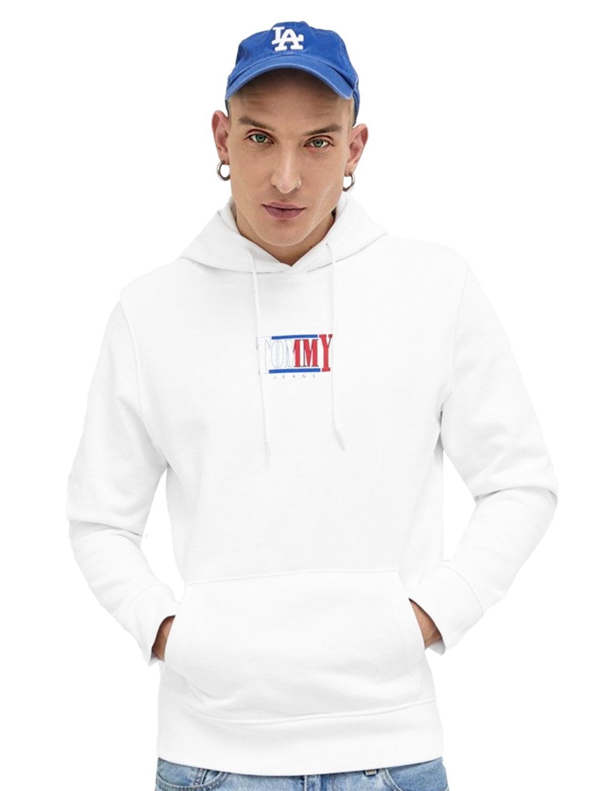Moletom Tommy Jeans Masculino Regular Crewneck Essential Graphic Hoodie Branca