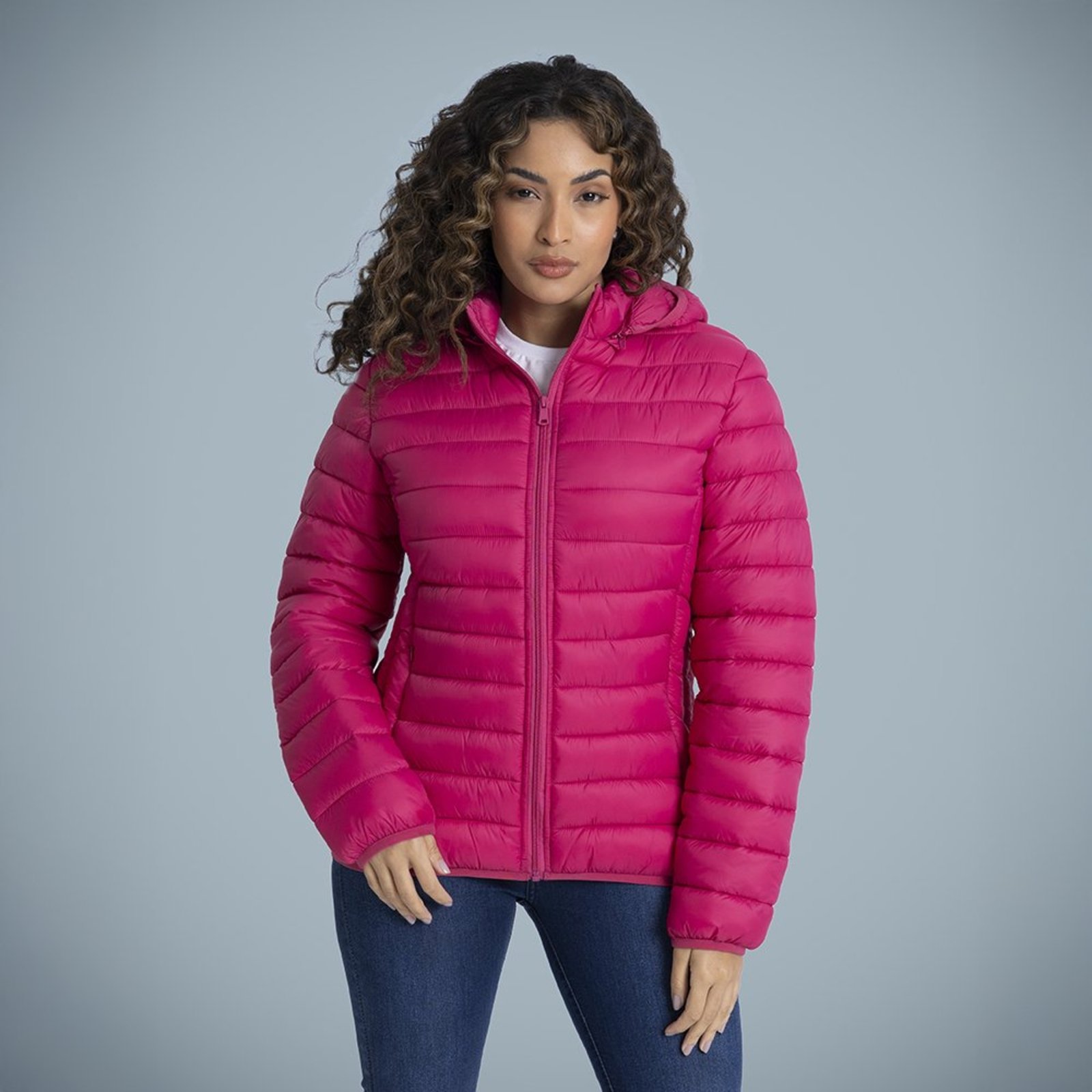 Jaqueta Puffer Feminina Gola Alta Rosa Com Capuz Removível