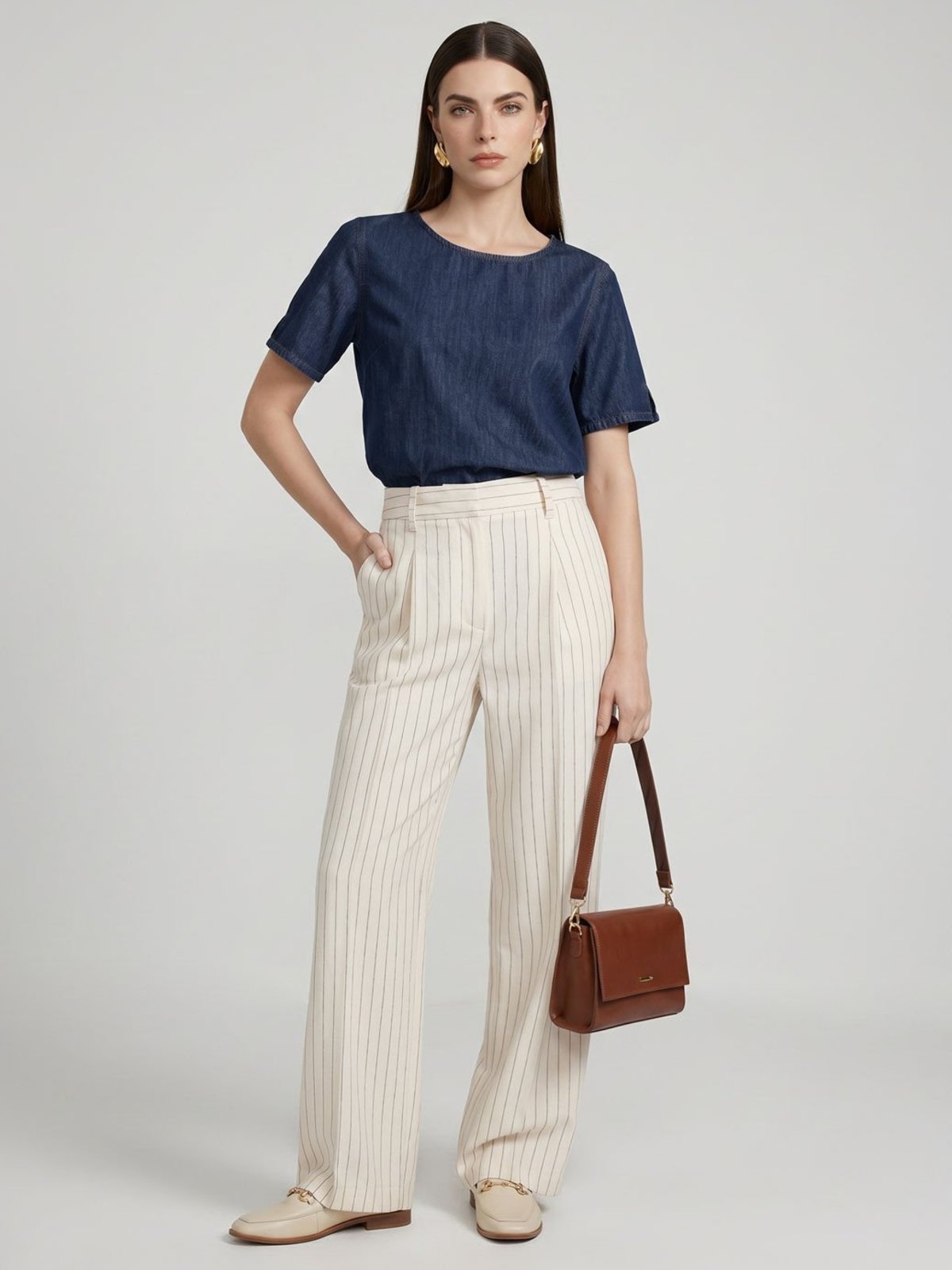 Calça Alfaiataria Wide Leg Listrado Off White Lin