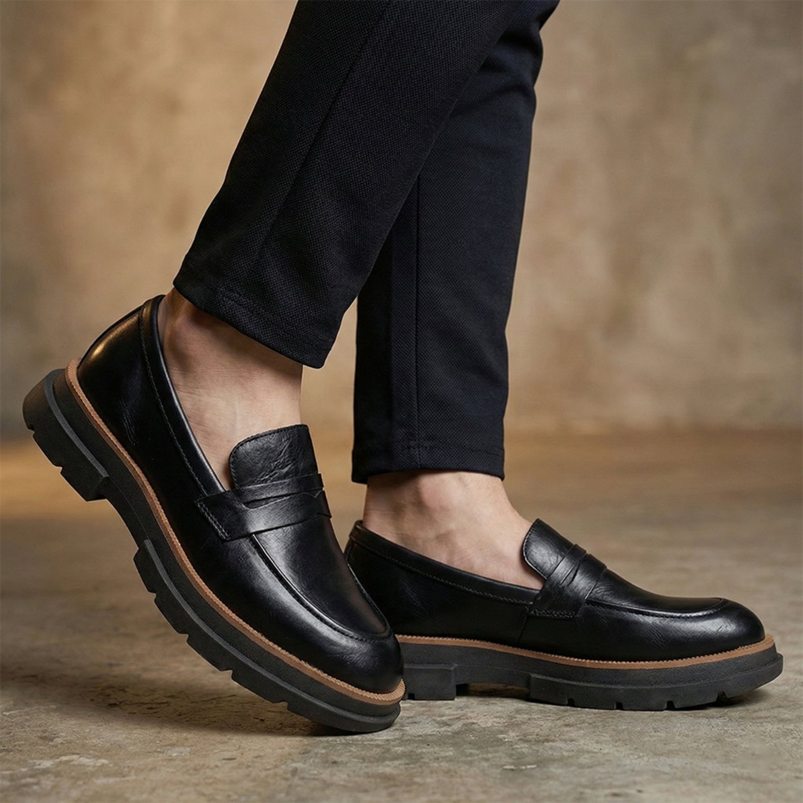Mocassim Brook Eleva Couro Sola Tratorada Robusta Masculino Preto