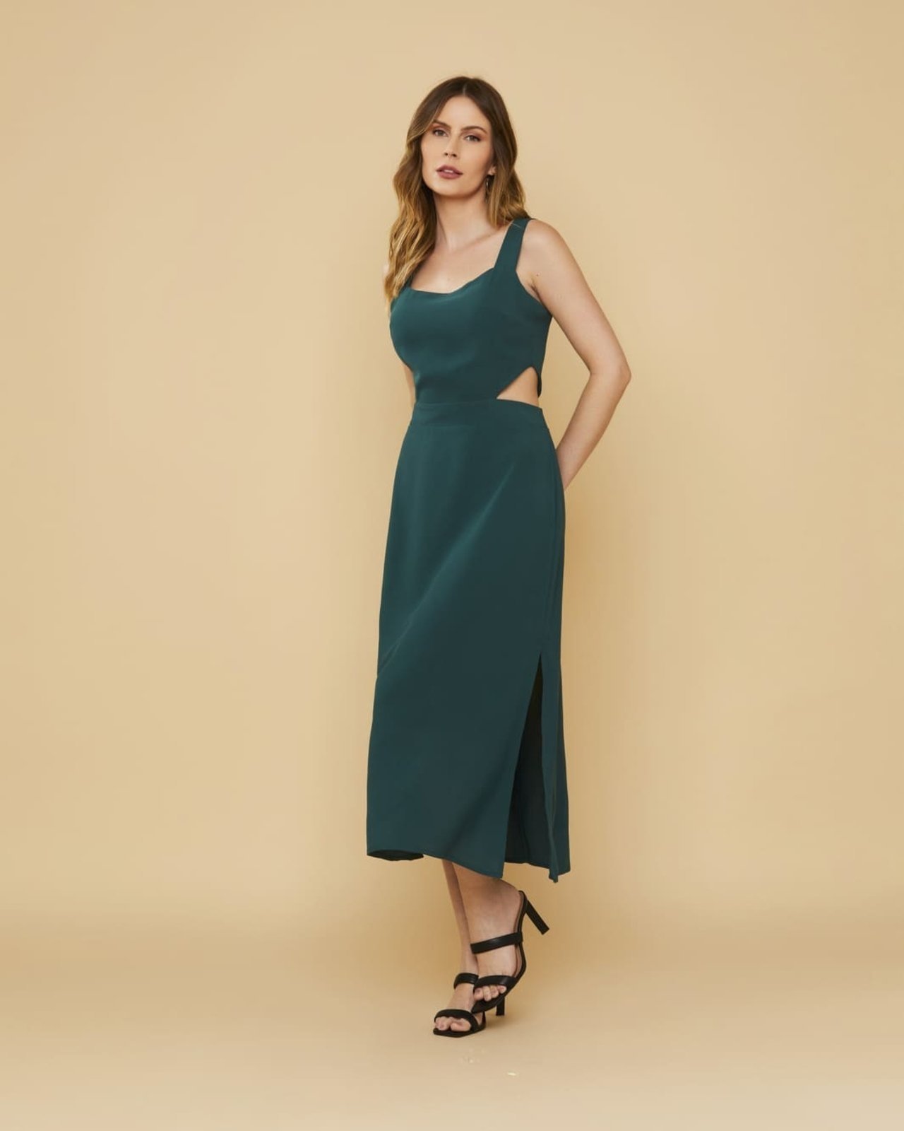 Vestido Midi Lemmut Verde com Recorte Lateral Verde oliva