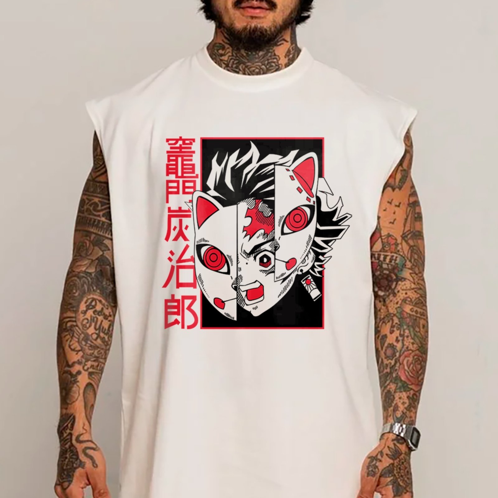 Camiseta Regata Machão Tanjiro Kamado Máscara Kitsune Demon Slayer Masculina Branco