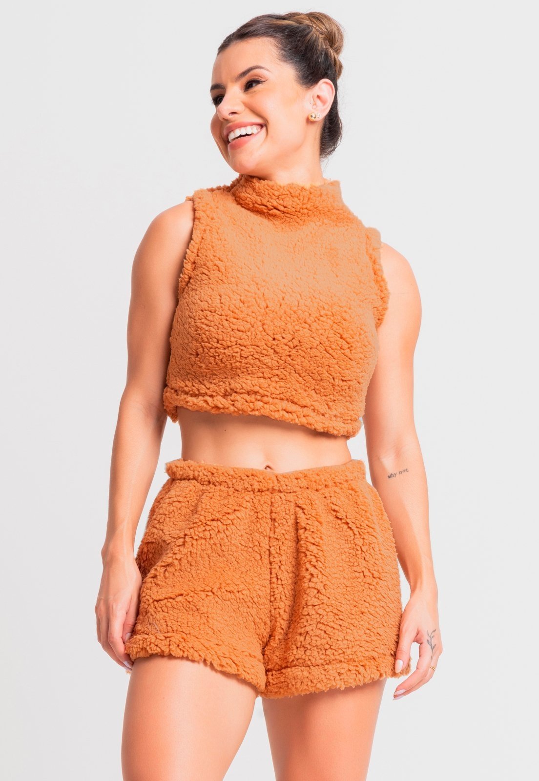 Pijama MVB Modas Flanelado Cropped E Short Teddy Pelucia Felpudo Caramelo