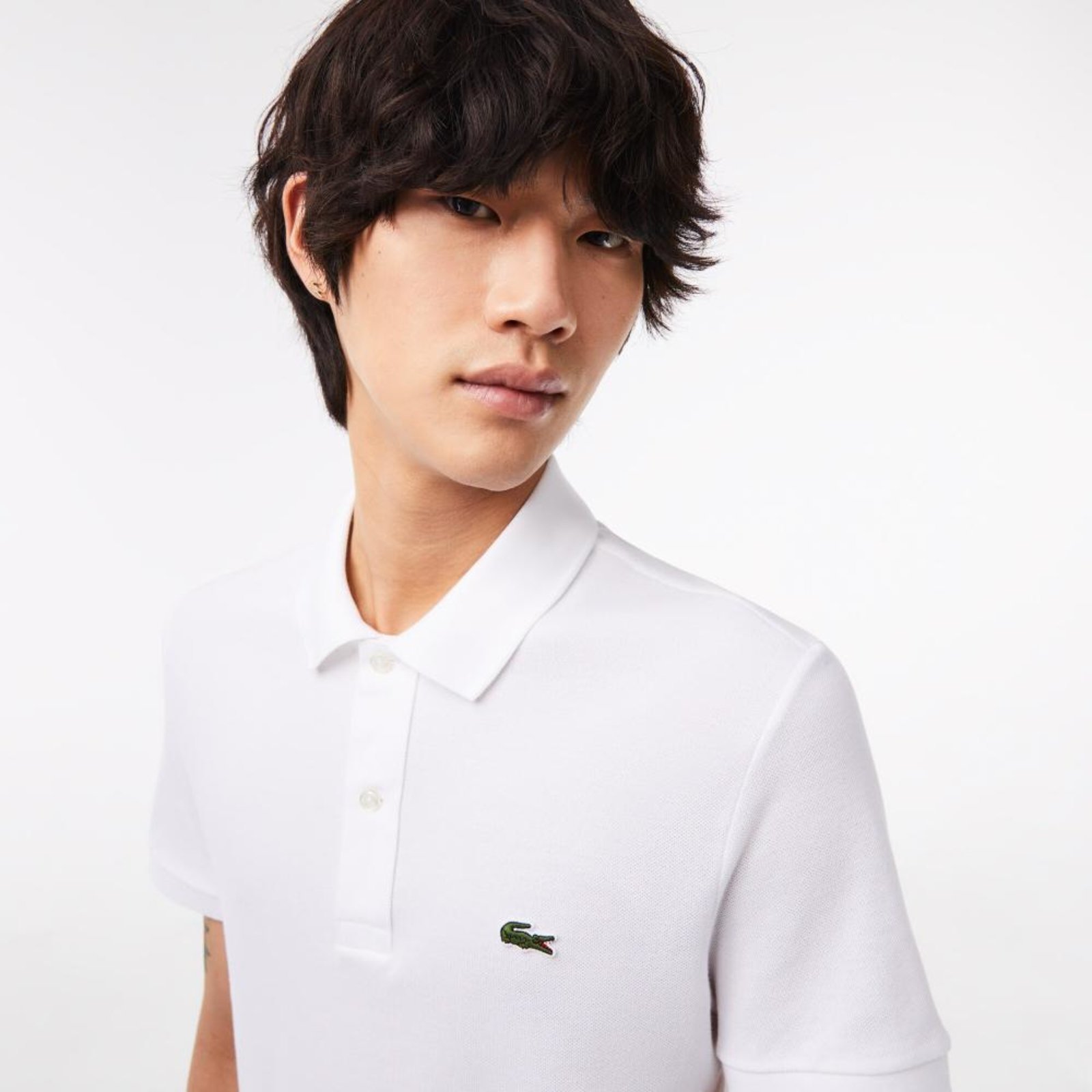 Vista 3 Camisa Polo masculina Slim Fit em petit piquet Lacoste branco Lacoste branco