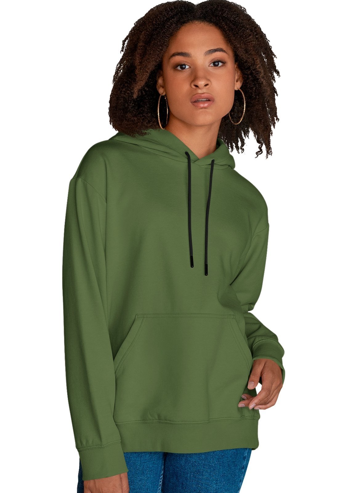Blusa De Frio Feminina Moletom Liso Com Capuz e Bolso Canguru Felpado Verde Militar