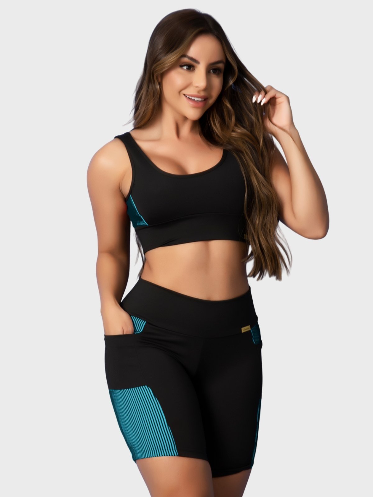 Conjunto Fitness Tarelles Top Short Bolso 3D Preto e Azul