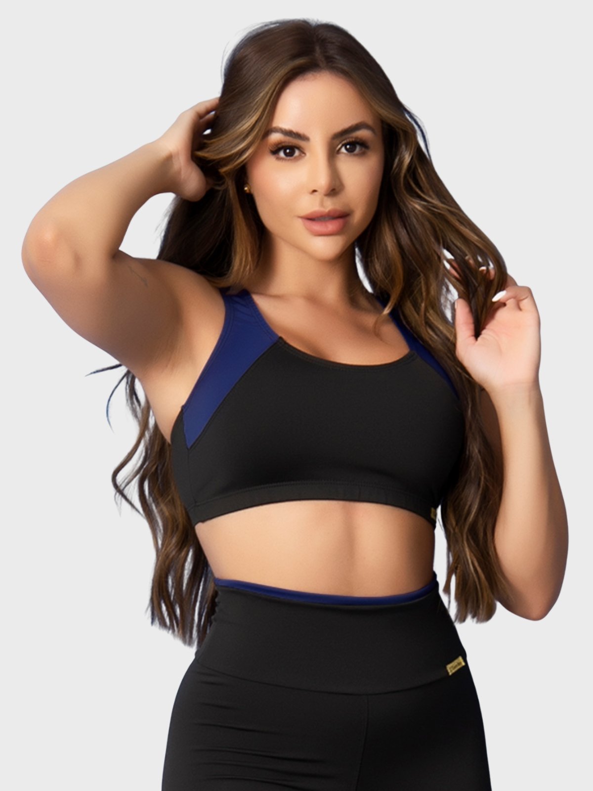 Top Fitness Tarelles Alça Larga Forrado Preto e Marinho