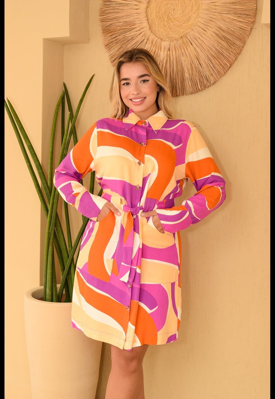 Vista 3 Vestido Chemise Botões M/L B’Bonnie Laura Estampa Roxo estampado estampado
