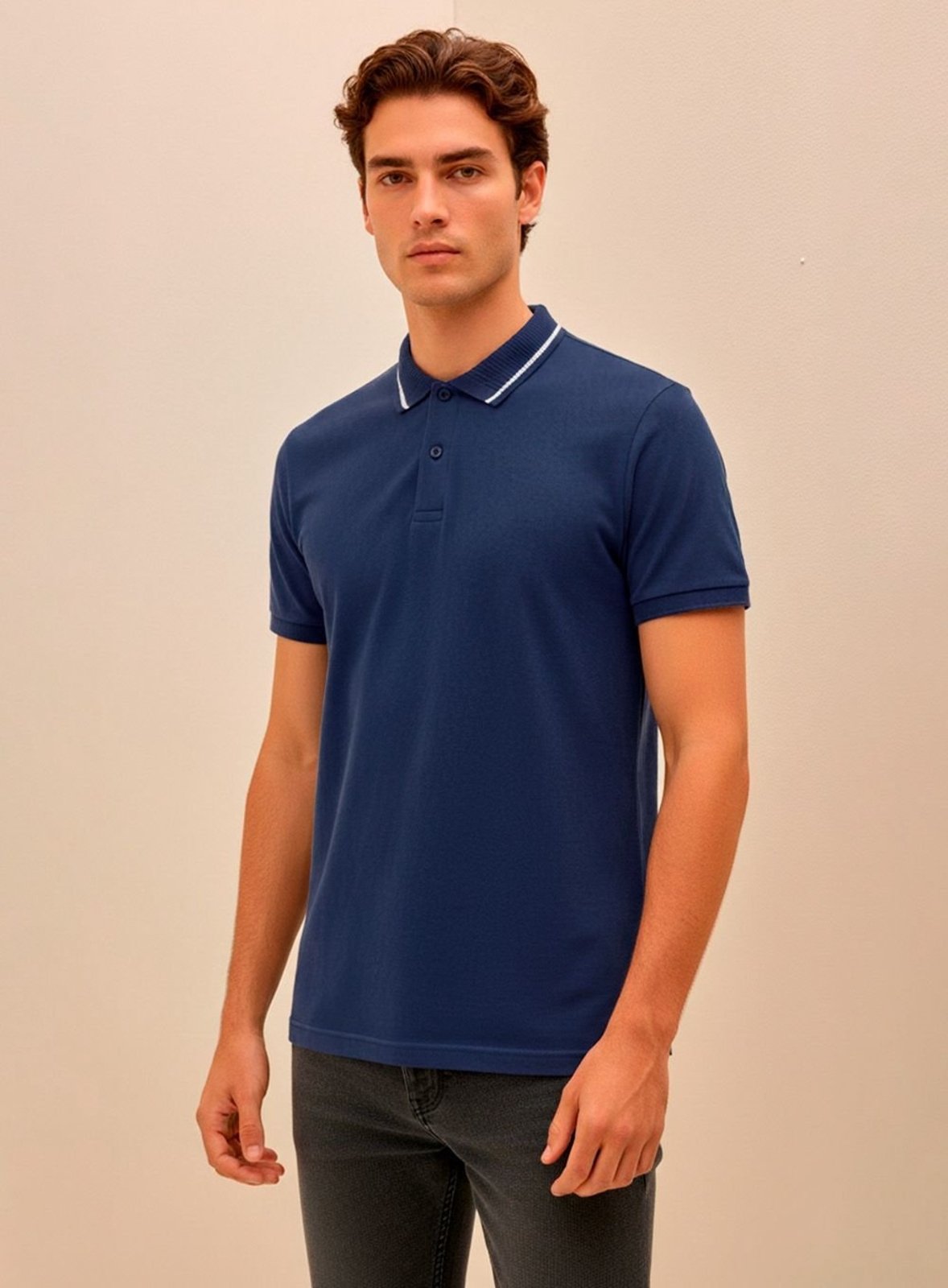Polo Masculina Fit com Gola Contrastante Triton Azul Darkness