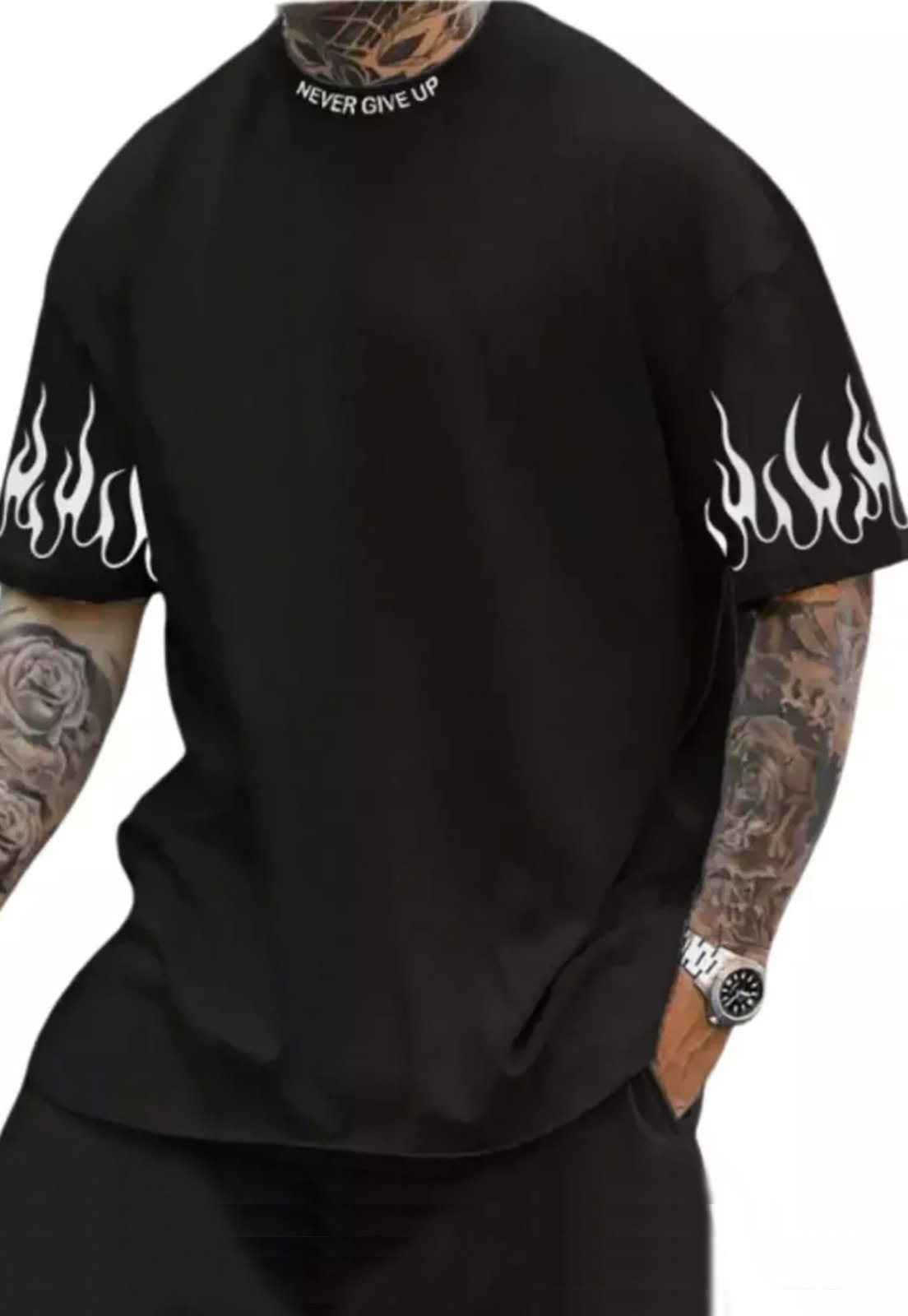 Camiseta Preto Grande Blusa Academia Fitness Masculino Oversized Camisa streetwear Over Preta Estampada Never Give Up
