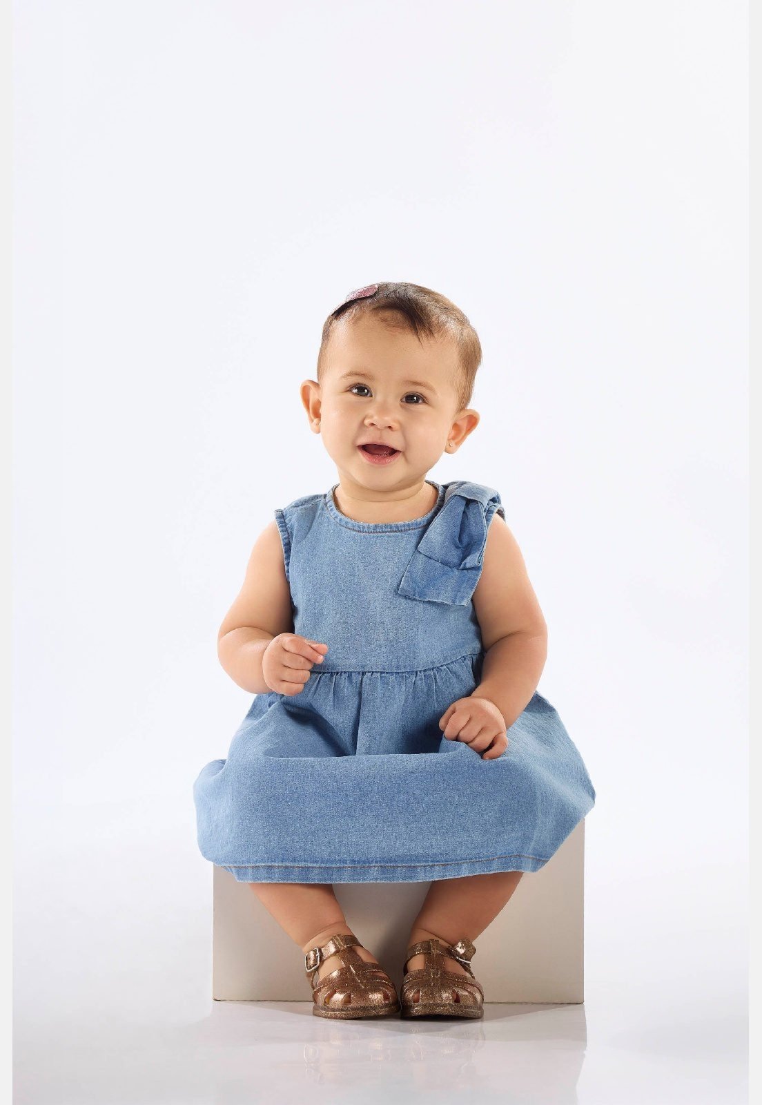 Infantil - Vestido Jeans Elastano Laço Ombro Up Baby Azul
