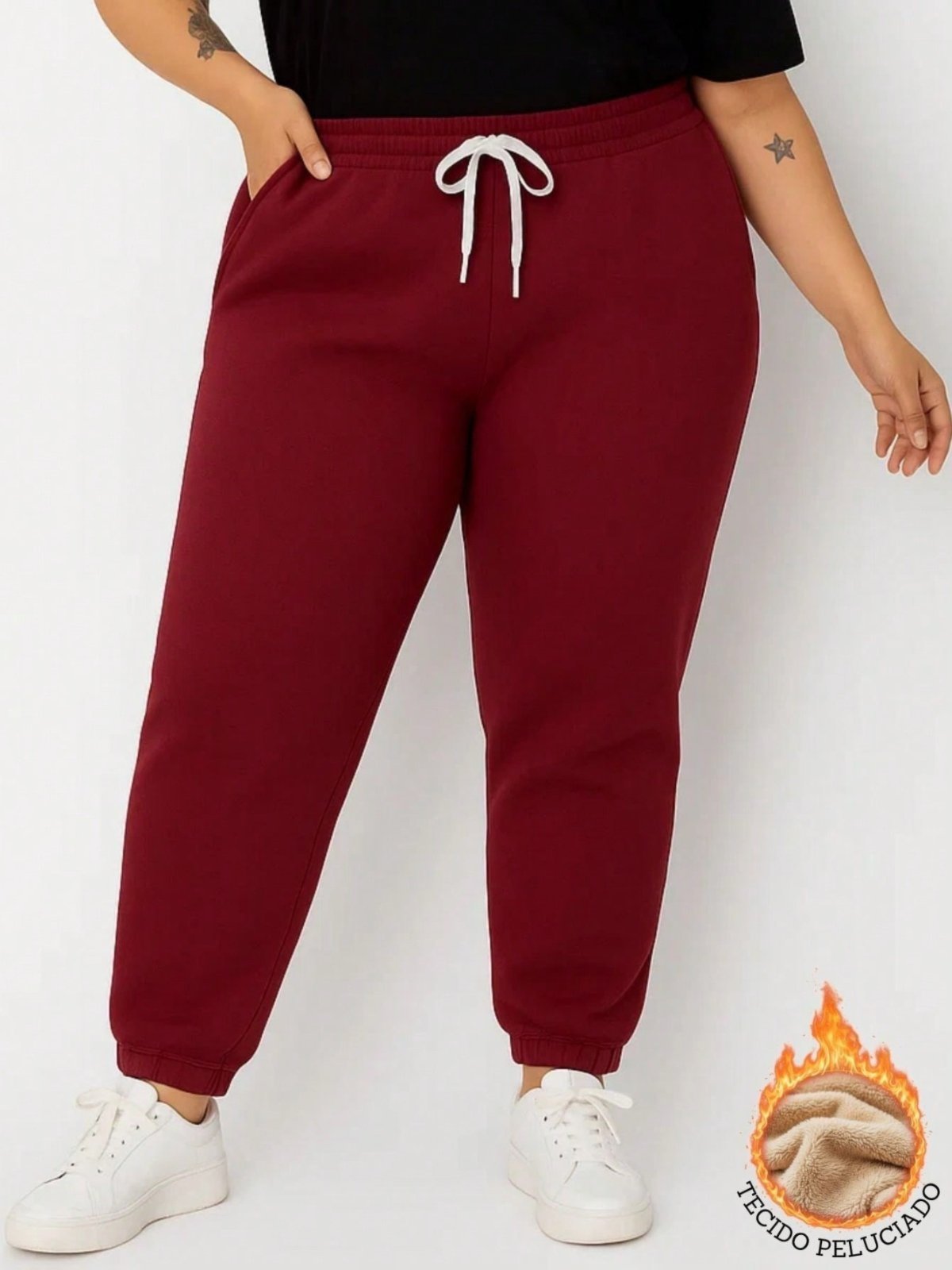 Calça de Moletom Feminina Plus Size Jogger Tecido Flanelado com Bolso Bordô Calça de tamanho grande para mulher