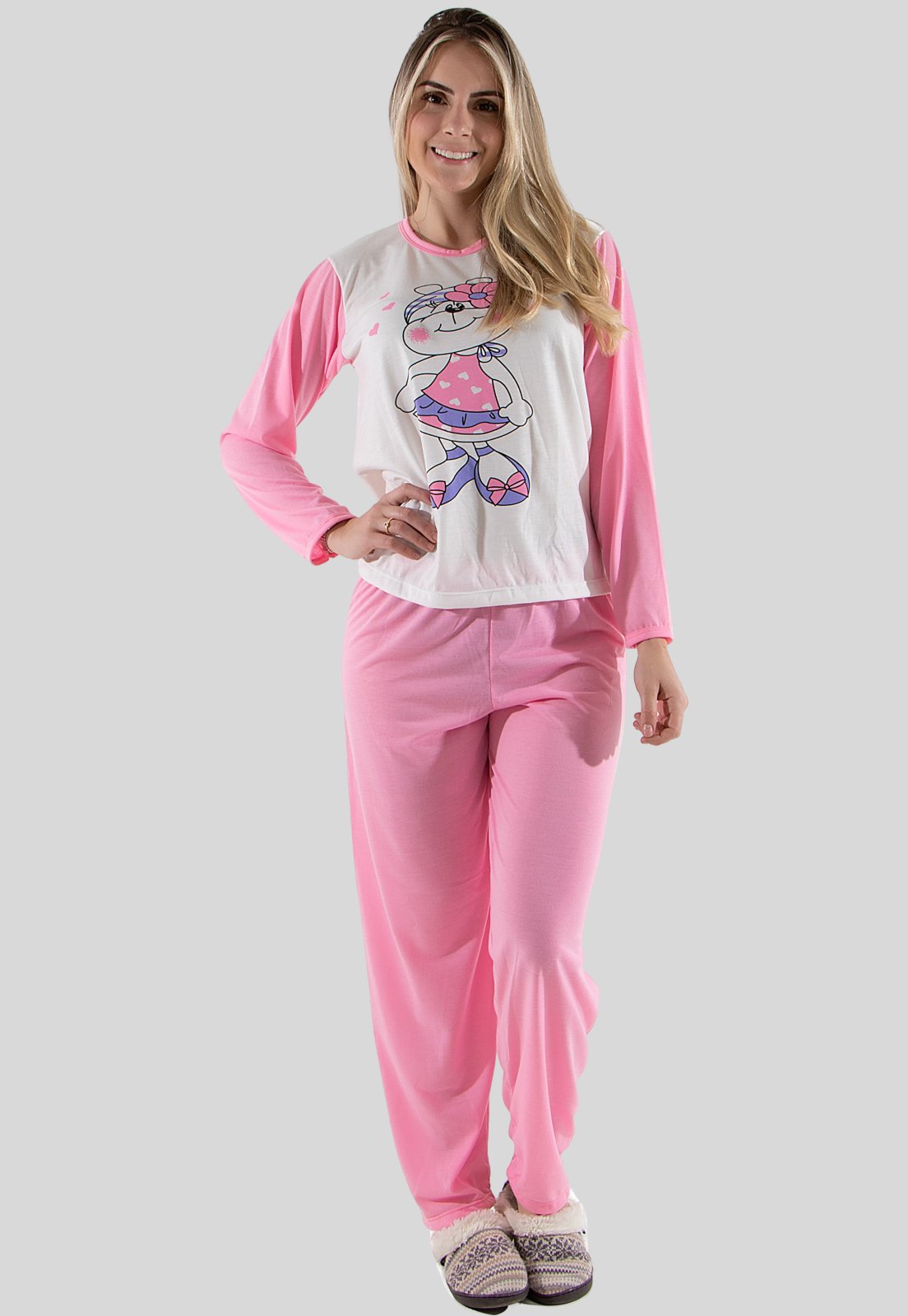 Pijama Longo Algodão Linha Noite Malha Premium Rosa