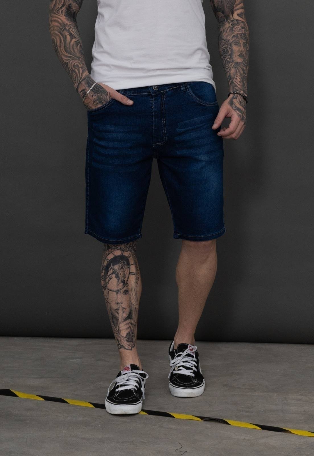 Bermuda Masculina Tempo Hábil Jeans Puídos Premium Casual Azul Escuro