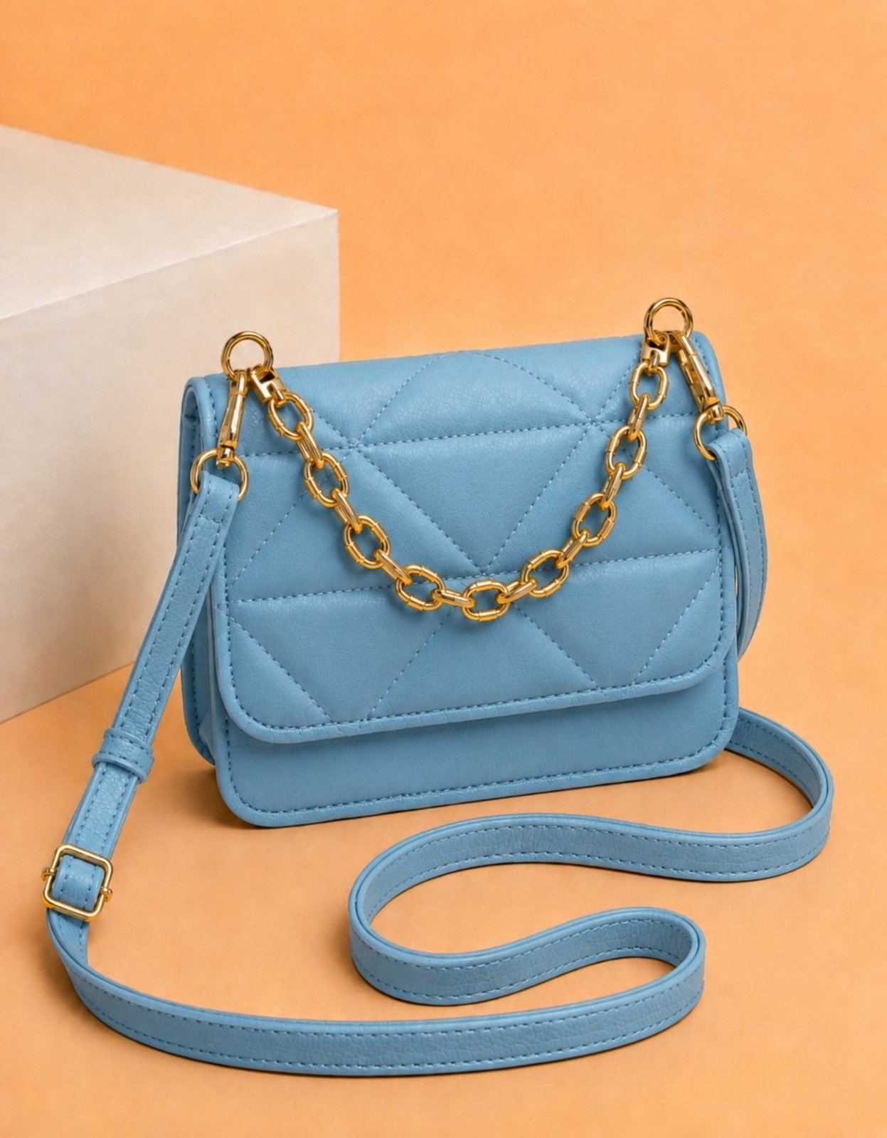 Bolsa Feminina Transversal Luxo Alça De Corrente Bordada Azul