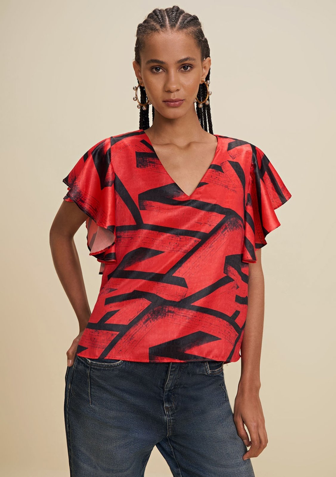 Blusa Morena Rosa V Manga Curta Cropped Estampado