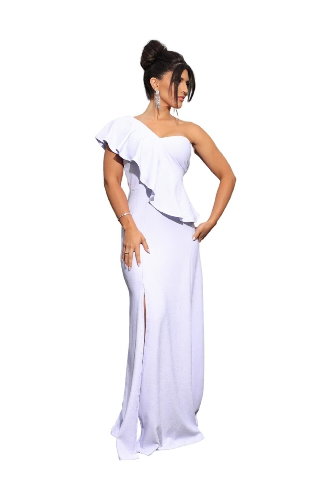 Vestido Longo de Festa Noivas Noivado Ano Novo Réveillon Babados Crepe Anastácia Branco