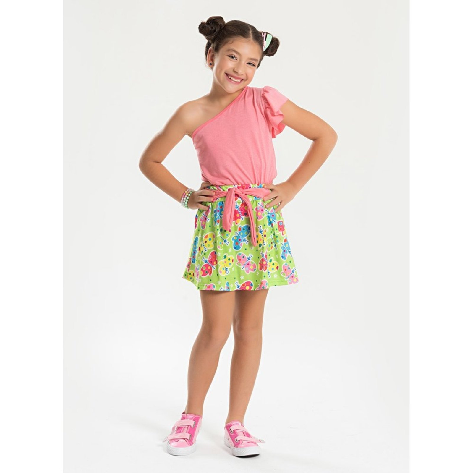 Infantil – Conjunto Verão Menina Rosa Cropped um Ombro Só e Shorts Saia com Faixa Borboletas