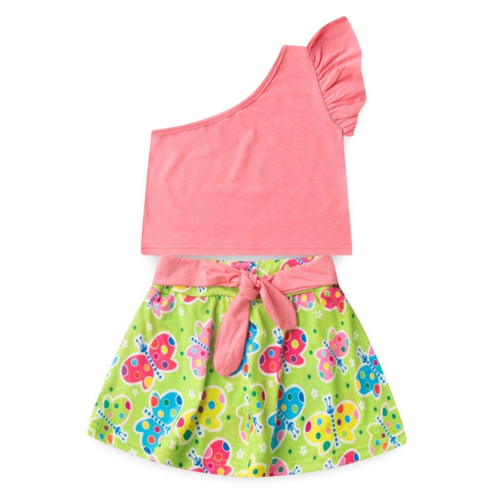 Vista 3 Infantil - Conjunto Verão Menina Cropped um Ombro Só e Shorts Saia com Faixa Borboletas Molekada rosa Molekada rosa