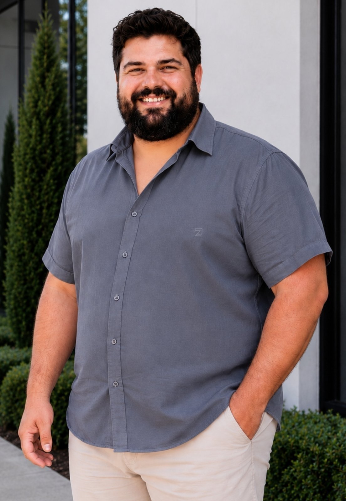 Camisa Social Masculina Plus Size Manga Curta Daze Modas Cinza