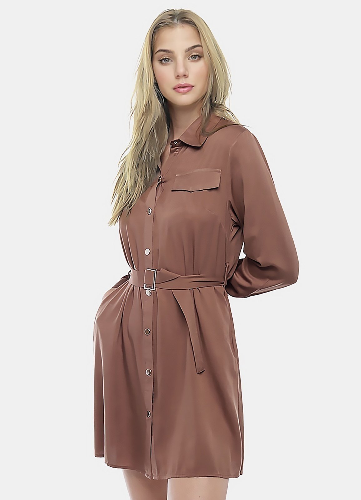Vestido Chemise Manga Longa com Bolsos e Cinto Marrom