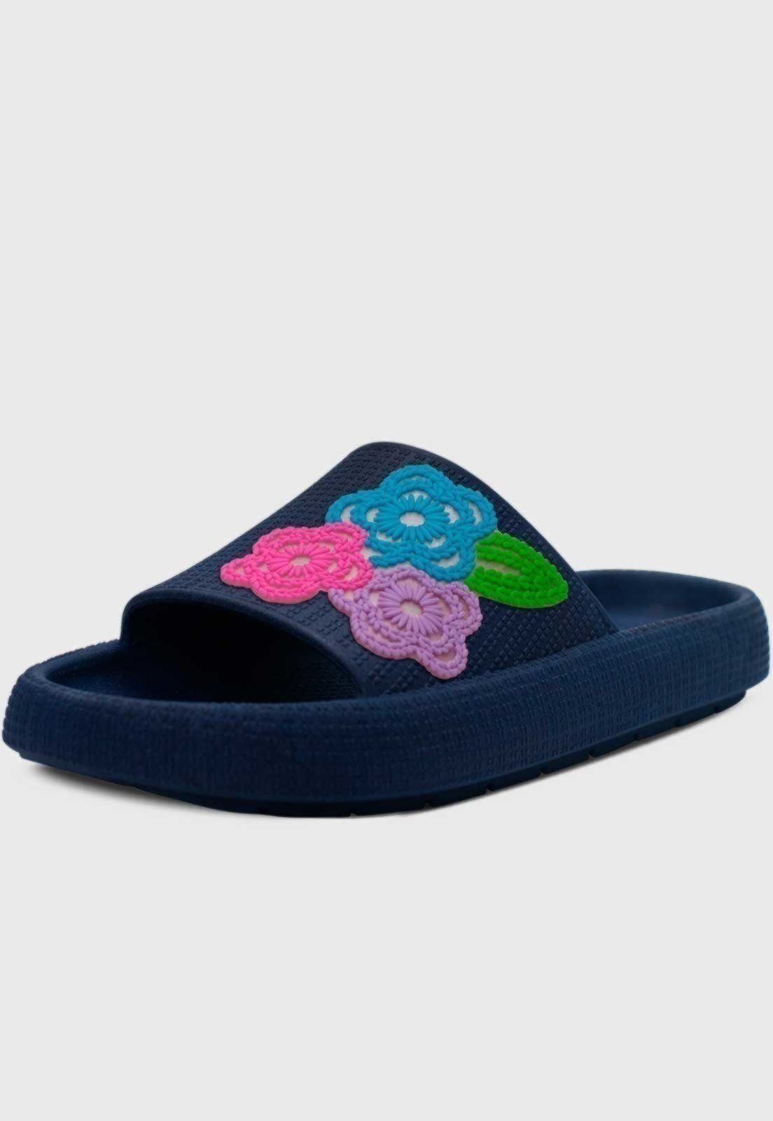 Vista 2 Infantil - Chinelo Estilo Nuvem Popidi Menina Flor Renda Marinho azul marinho Pópidí azul marinho