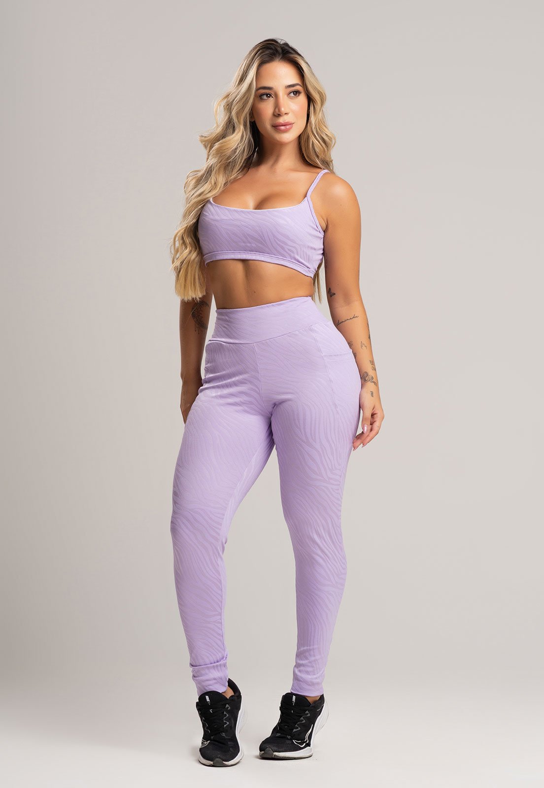 Calça Legging MVB Modas Cintura Alta Bolsos Feminina Jacquard Lilás