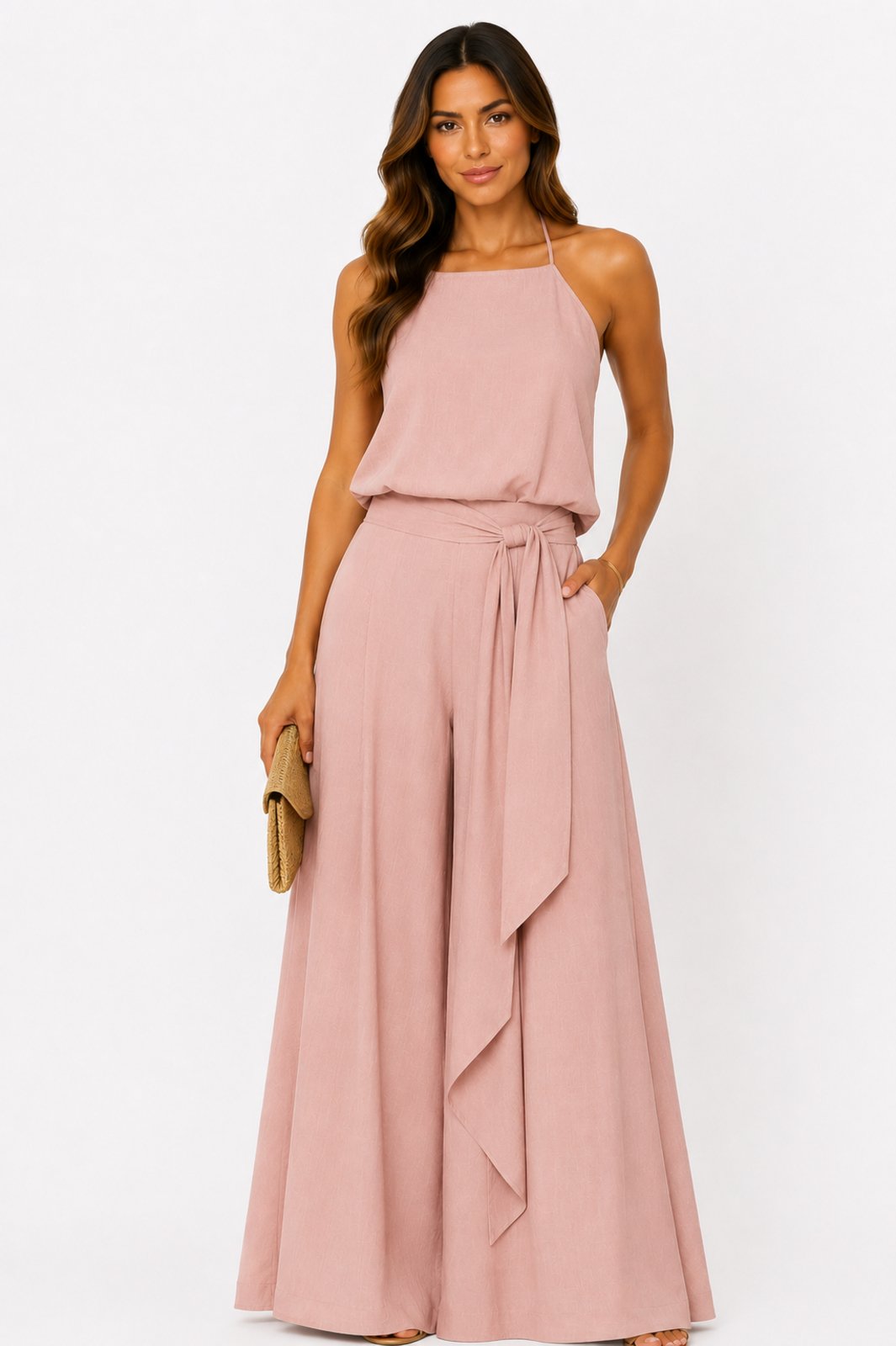 Conjunto D Bell Outlet Fashion Blusa Frente Única e Calça Pantalona Rosa
