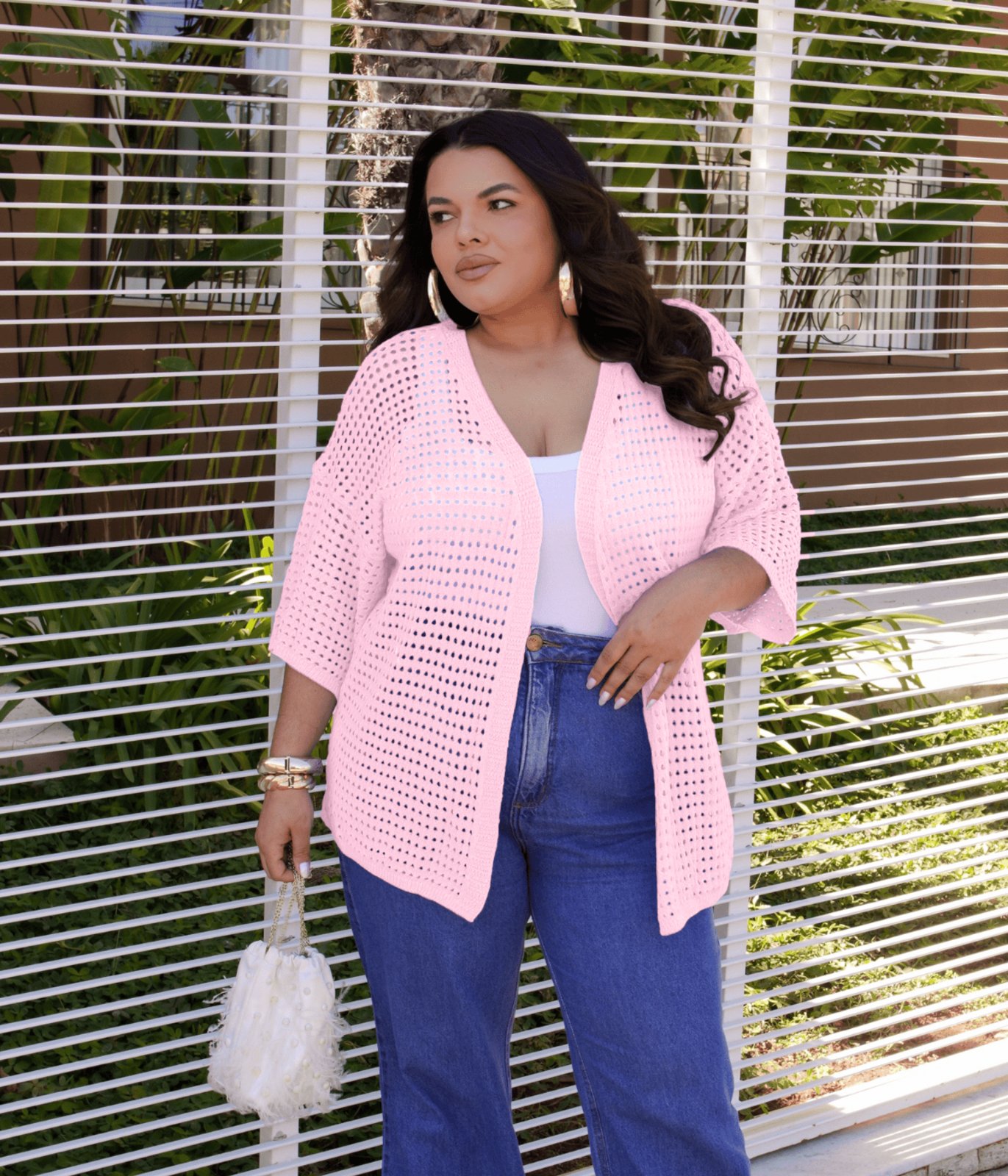 Casaco Cherry Line Kimono Vazado Plus Size Aberto Leve Manga Três Quartos Verão Tricot Rosa
