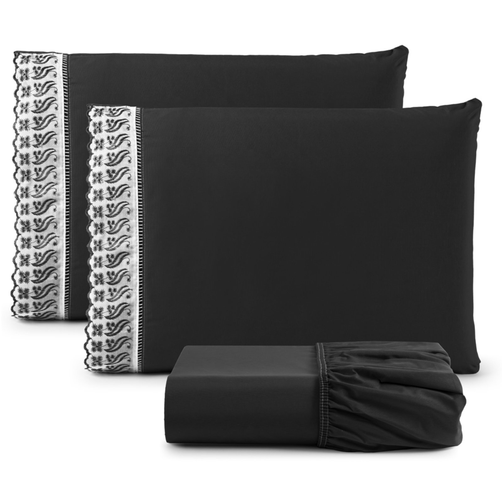 Jogo Cama Lençol Casa Scarpa Paris Queen Percal 180 Fios Algodão Lese Bordada 3 Peças - Preto