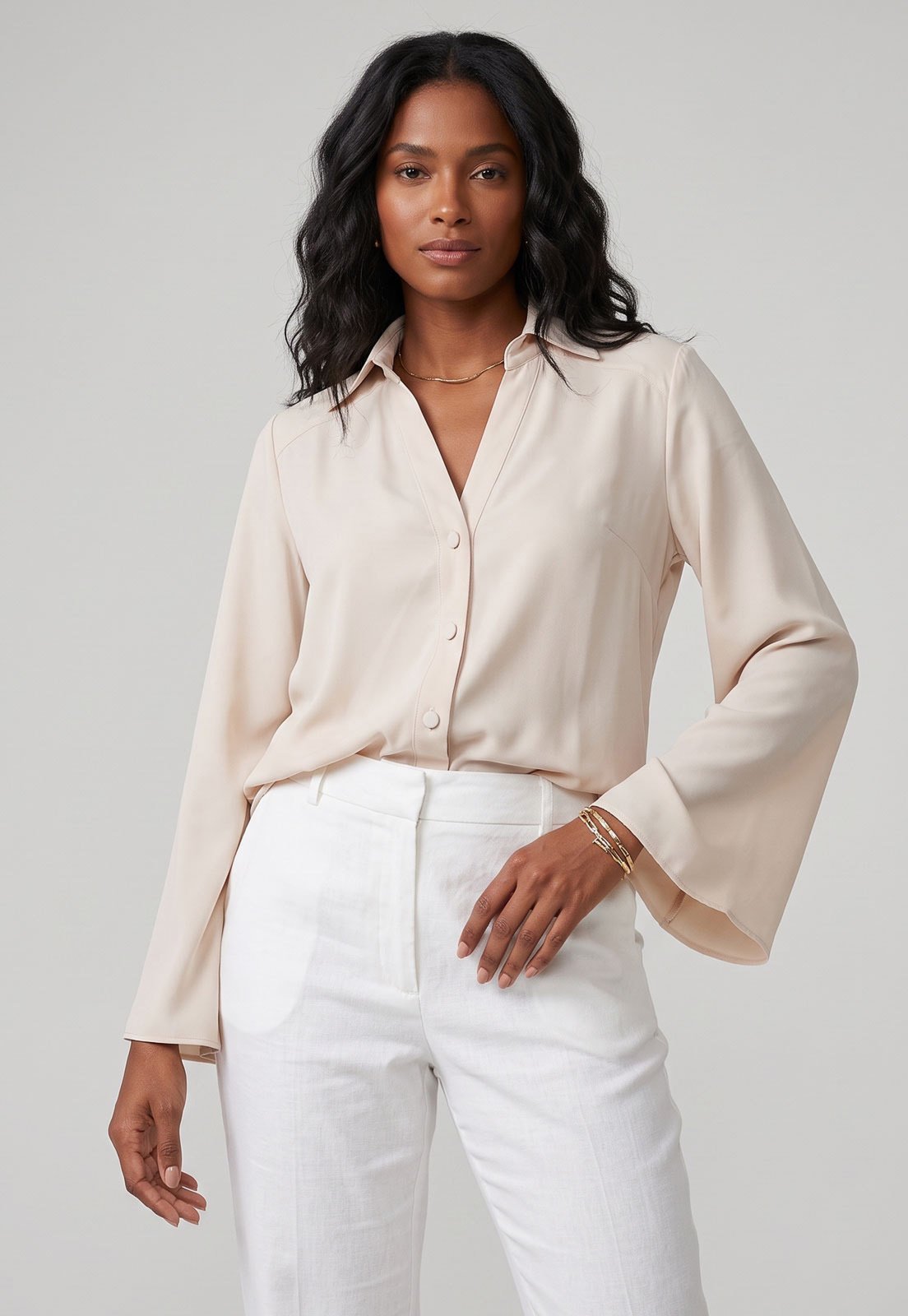 Camisa Feminina Lez a Lez Manga Longa Botões Bege