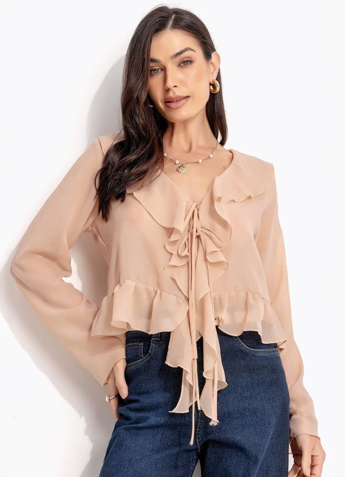 Blusa Babados Em Chiffon Quintess Bege