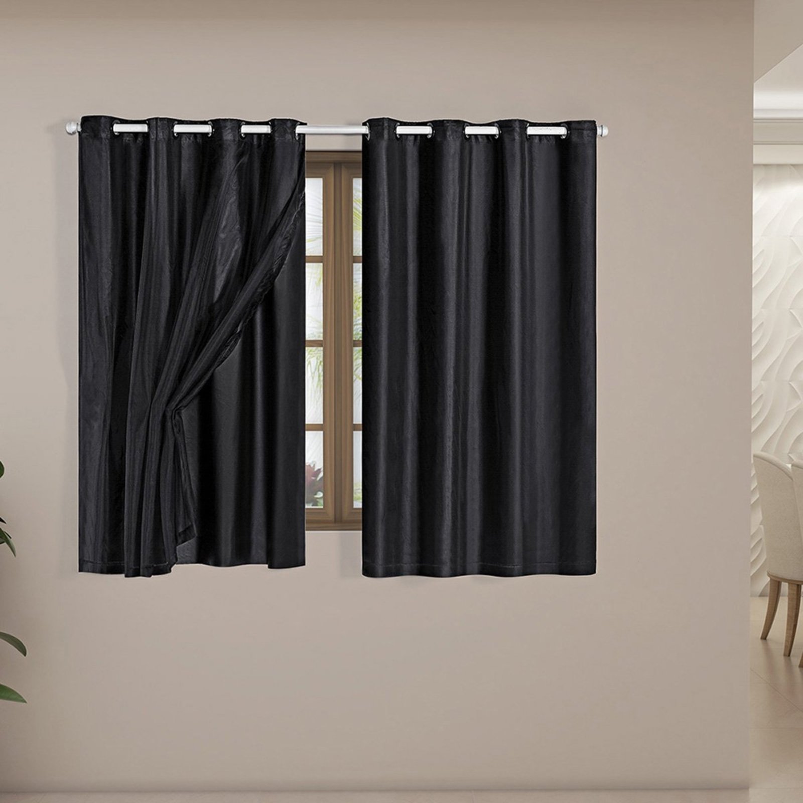 Cortina Daily Varão 2M Blackout PVC Com Voil 2,80mx1,80m Sala Quarto Preto