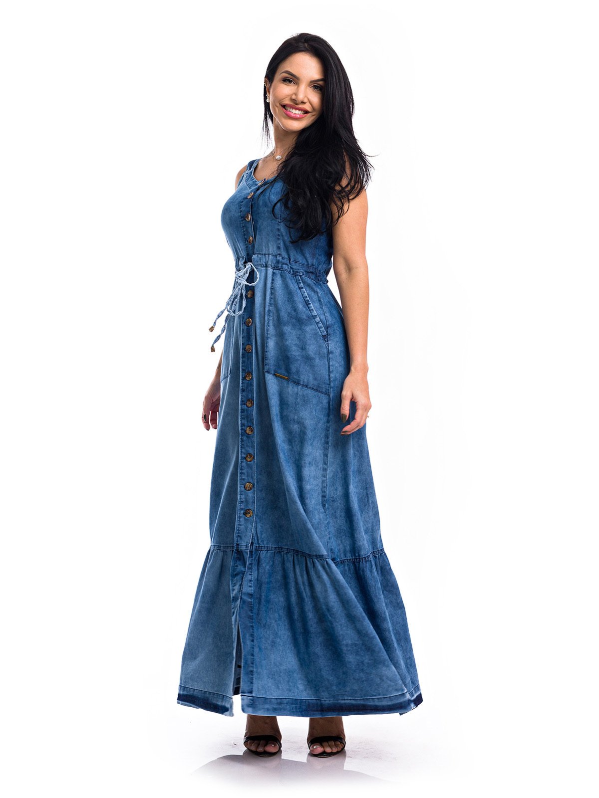 Vestido Longo Restrito Jeans com Regulagem – AZUL MÉDIO