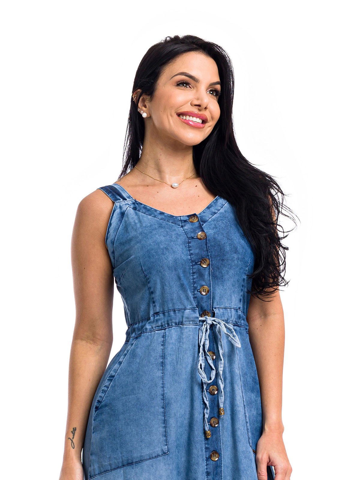Vista 3 Vestido Longo Restrito Jeans com Regulagem MÉDIO azul Restrito Jeans azul