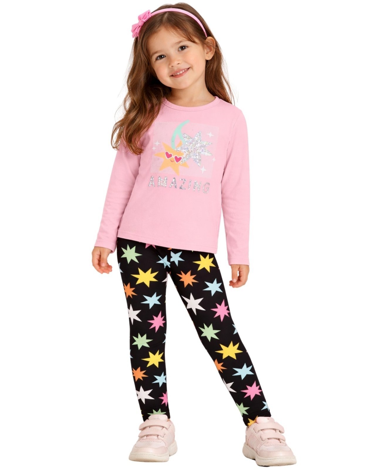Infantil - Conjunto Blusa Manga Longa Meia Malha e Legging Cotton Brandili Rosa