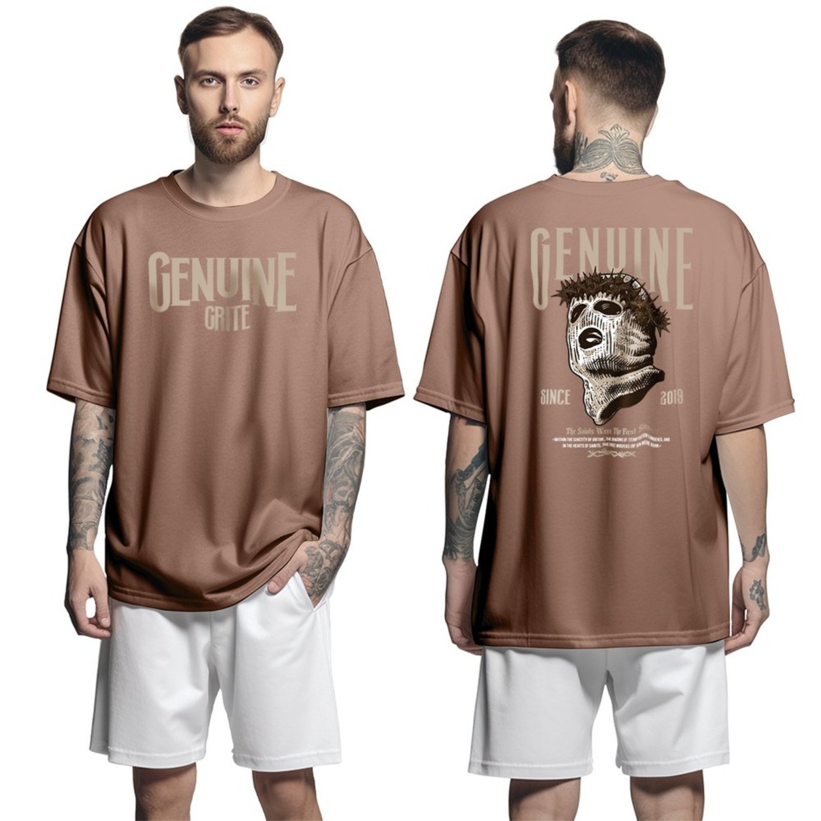 Camisa Camiseta Oversized Streetwar Genuine Grit Masculina Larga 100% Algodão 30.1 The Saint’s Sinners – Marrom – P