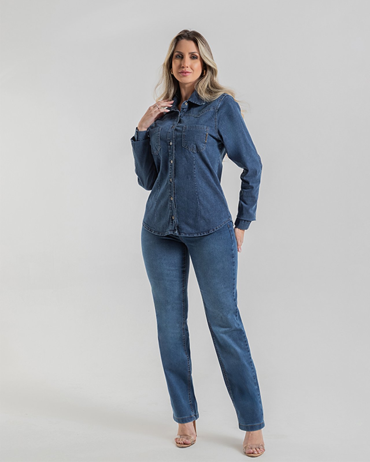 Camisa Feminina Manga Longa Denim Escuro