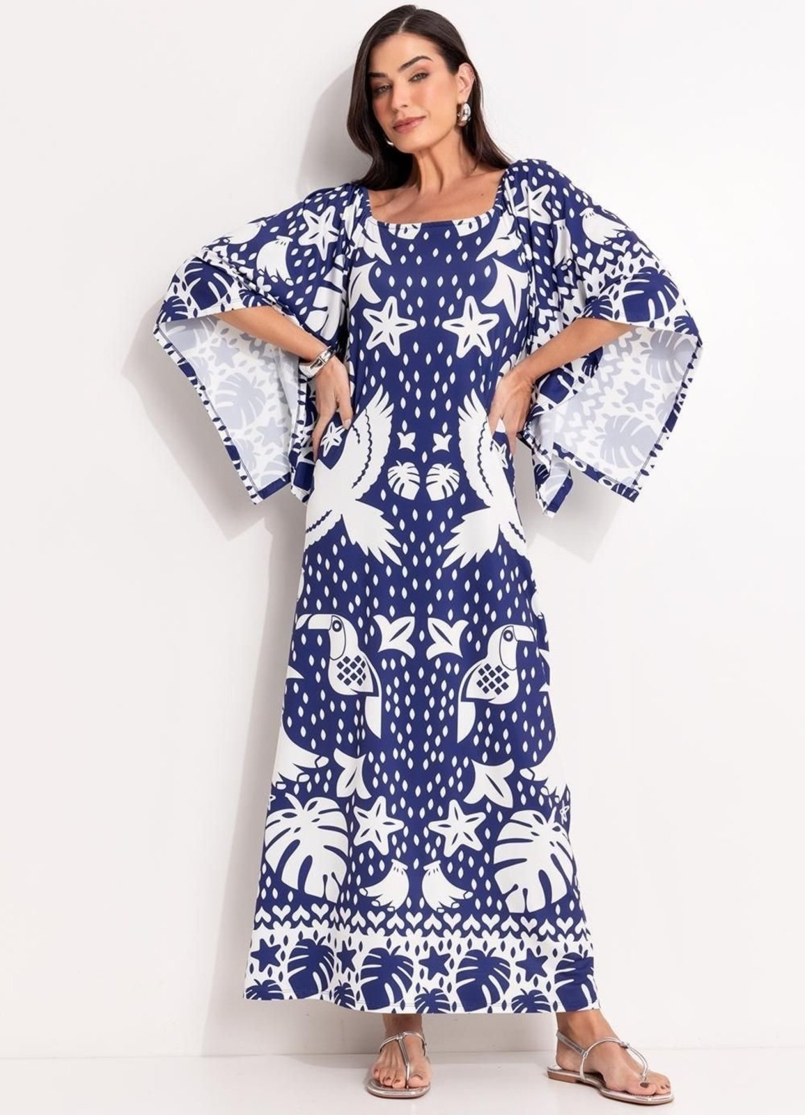 Vestido Em Malha Fria Quintess Barrado Azul