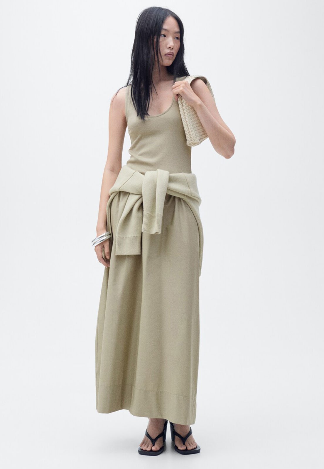 Vestido Mango Midi Tecido Combinado Bege