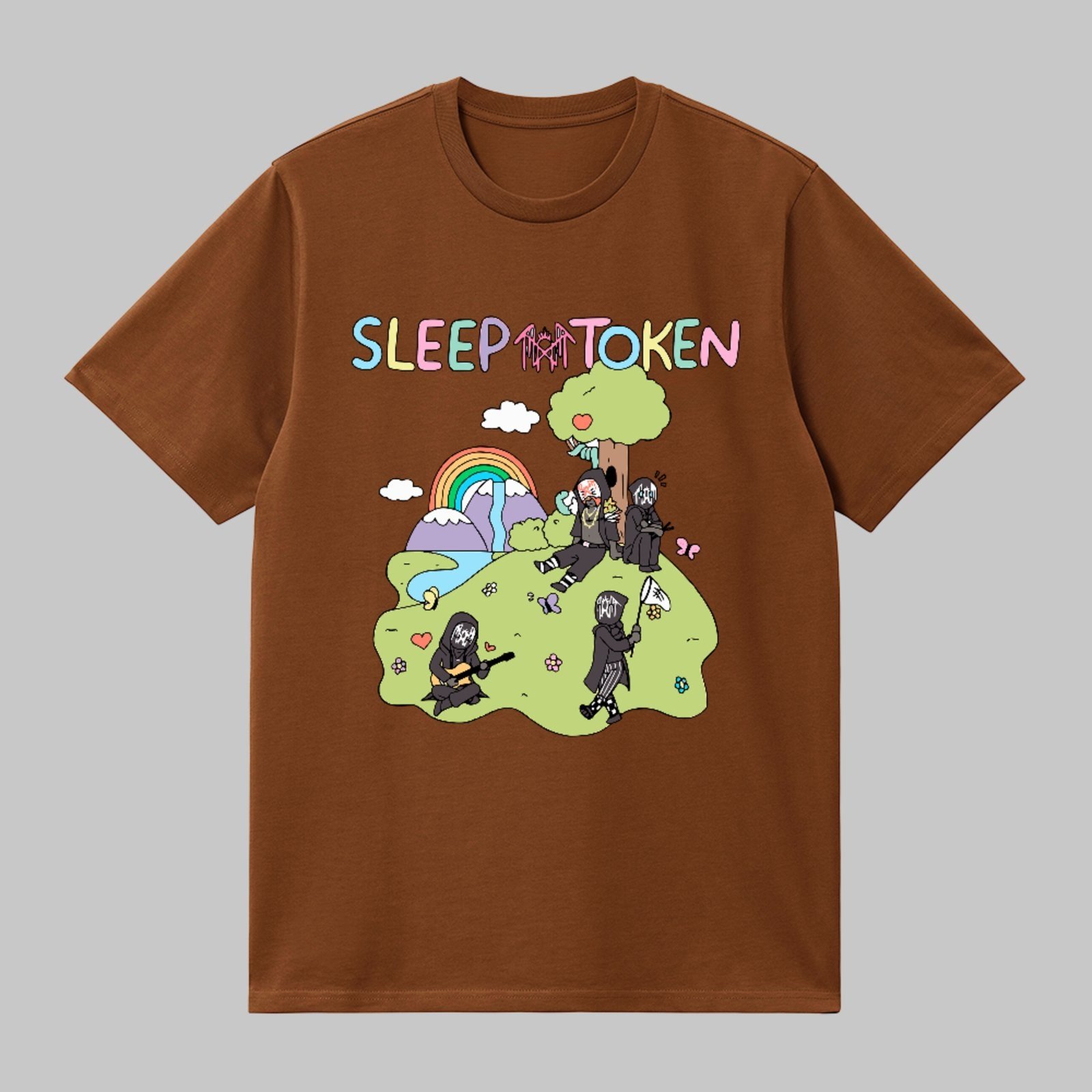 Camiseta Básica Sleep Token Visual Cartoon Rock Moderno Unissex Marrom